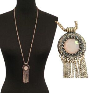 Vintage-Inspired Long Bronzetone Pendant Necklace w/ Pink Faceted Stone & Tassel